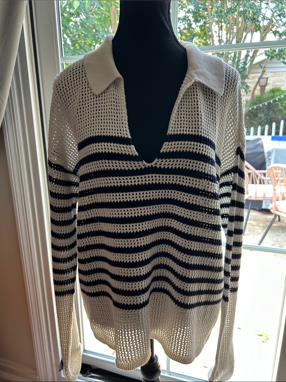 GAP Cream and Black Striped Open-Knit V-Neck Polo Sweater